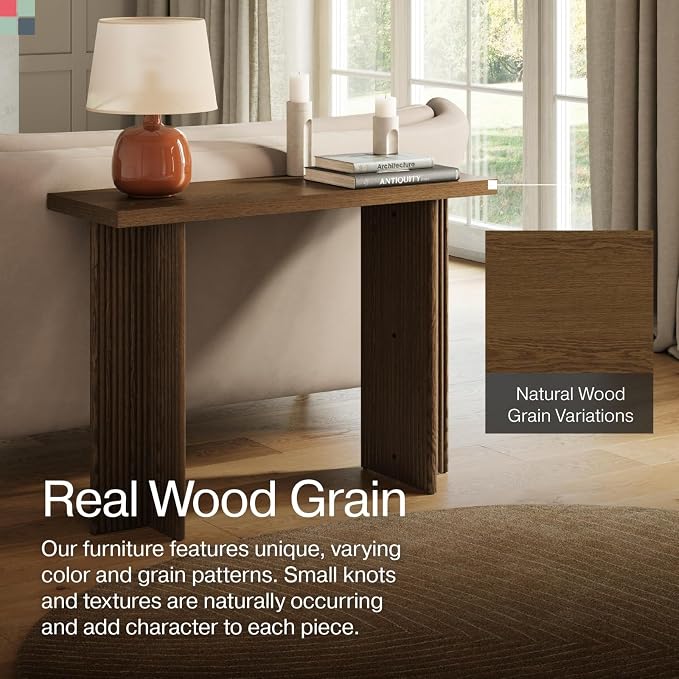 Stead Fluted Console Table - Slim Entryway Table for Narrow Hallways - Natural Wood Console with Curved Cross Base & Mid-Century Modern Style - Walnut