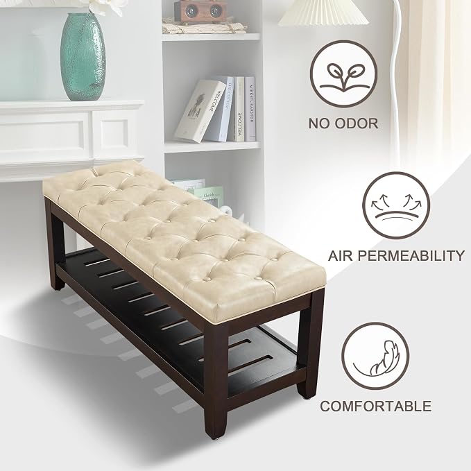 adochr PU Leather Large Rectangular Ottoman with Storage,Upholstered Entryway Bench for Living Room, Oversized Button Tufted Ottoman with Wood Shelf Storage, Ivory