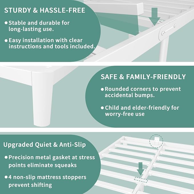 ITIMIDI 6 Inch White Full Size Bed Frame, Platform Bed Frames with Metal Gaskets, Heavy Duty Steel Support 3500 LBS, No Box Spring Needed, Anti-Slip Mattress Stopper, Easy Assembly