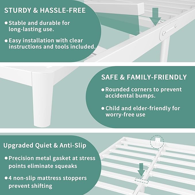 ITIMIDI 4 Inch White King Size Bed Frame, Metal Platform Bed Frames with Metal Gaskets, Heavy Duty Steel Support 3500 LBS, No Box Spring Needed, Anti-Slip Mattress Stopper, Easy Assembly