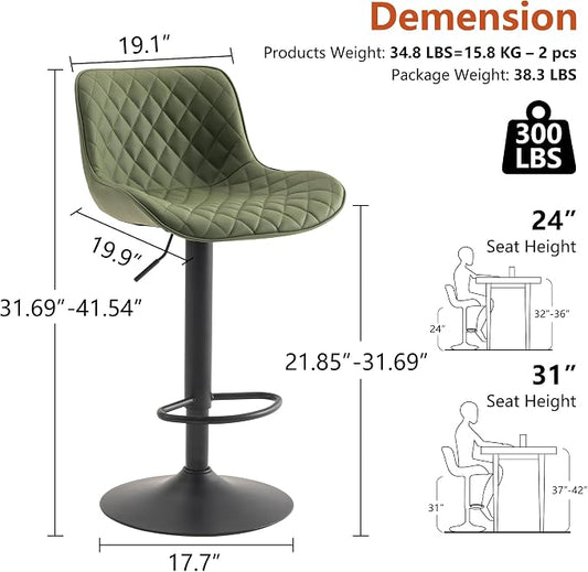 YOUTASTE Olive Green Bar Stools Set of 2, Mid-Century Modern Counter Height Stools for Kitchen Island, Faux Leather Upholstered, Swivel, Adjustable, Bar Chairs with Black Metal Base for Home Bistro