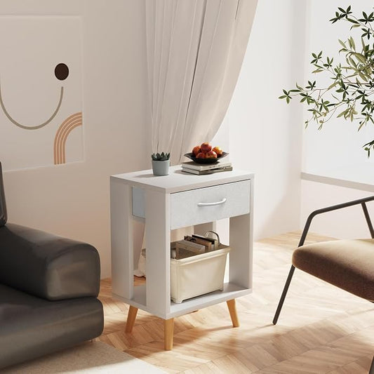 GYIIYUO 24" H Nightstands Set of 2 with Fabric Drawer, White | Open Wood Shelf, Side Table with Storage for Bedroom, Spacious 15.7"L x 11.8"W x 24"H Top Fits Lamp + Books, Stable Frame