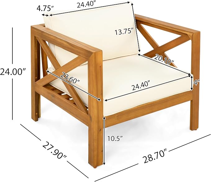 Merax Outdoor 4-Piece Acacia Wood Conversation Set - Patio 3-Seat Loveseat Sofa Daybed with Cushion, 2 Armchair and Round Coffee Table for Backyard, Lawn, Balcony, Teak + Beige