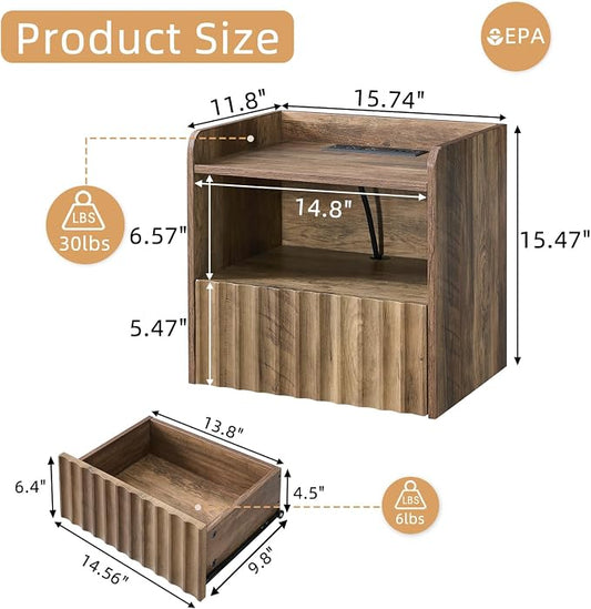 BuildHom Modern Fluted Floating Nightstand Wall Mounted Set of 2- Bedside Table with Storage Drawer & Display Shelf, Minimalist Bedroom Furniture for Studio Apartments(Rustic Brown)