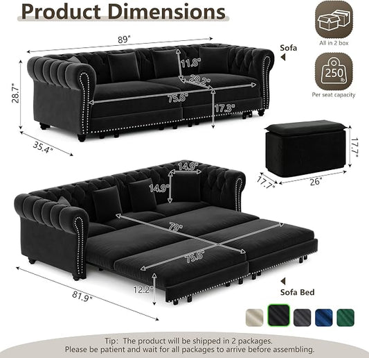 89" Velvet Convertible Sofa Bed Couch - Queen Sleeper Sofa with Ottoman, Button Tufted Chesterfield Sofa, King Size Pull Out Sleeper Couch Bed for Small Spaces Apartments, Living Room, Black