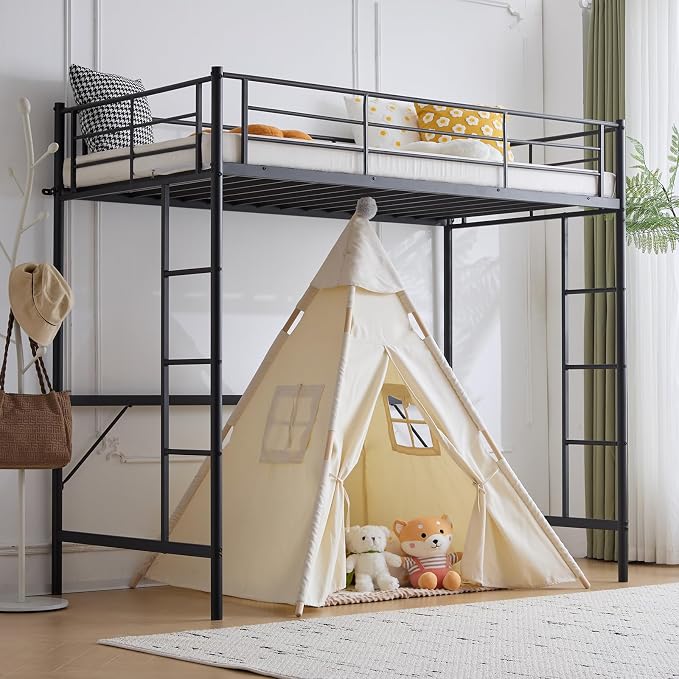 VINGLI Full Size Loft Bed Kids Loft with 2 Stairs Design,Space-Saving Double Bed for Teens, Adults, Heavy Duty Metal Square Slat, No Box Spring Needed,Black