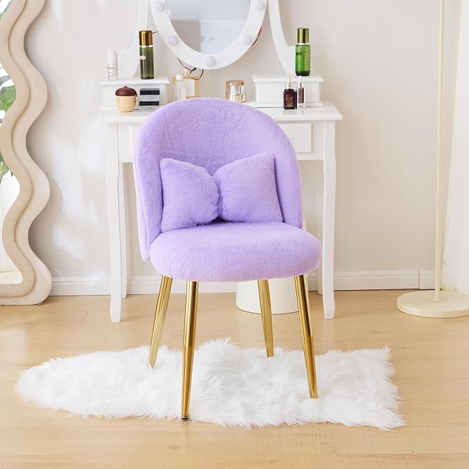 VINGLI Fluffy Girls Vanity Chair with Back & Pillow,Cute Small Cozy Desk Chair No Wheels,Comfy Makeup Ch with Ajustable Gold Legs,for Bedroom,Living Room,Small Space,Purple