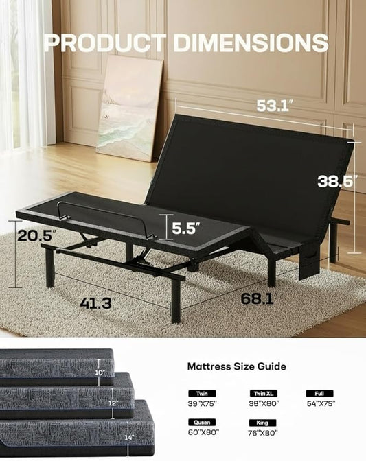 Marsail Queen Adjustable Bed Frame with Massage, Electric Adjustable Bed Base with Head & Foot Incline, Quiet Motor Adjustable Bed Frame with USB Ports, LED Light, Height-Adjustable Legs