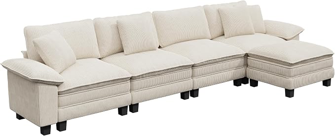 PHI VILLA Cloud Modular Couch Sets, 157.5" Oversized Sectional Sofa with L-Shaped Chaise, 5-Seater Upholstered Couches with Movable Ottoman for Living Room, Corduroy Beige