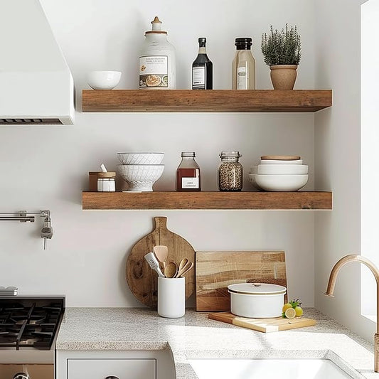 Rustic Brown Floating Shelves for Wall,24in Wall Mounted Display Ledge Shelves Perfect for Bedroom, Bathroom, Living Room and Kitchen Decoration Storage (Rustic Brown, Set of 2)