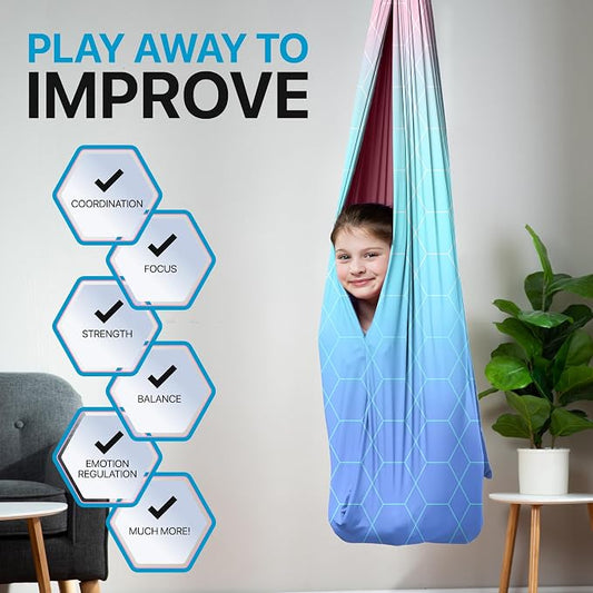 Indoor Sensory Swing for Kids or Outdoor – Holds 300lbs, Double-Layer, & 360° Swivel, Calming Compression Therapy Swing Hammock for Kids & Adults with All Hardware – Sensory-Motor Toys & Gifts