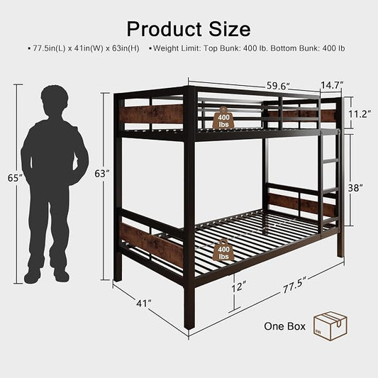 Einhomn Bunk Bed Twin Over Twin, Heavy Duty Metal Bed with Ladder and Full-Length Guardrail, Under-Bed Storage Space, No Box Spring Needed, Noise Free, Rustic Brown