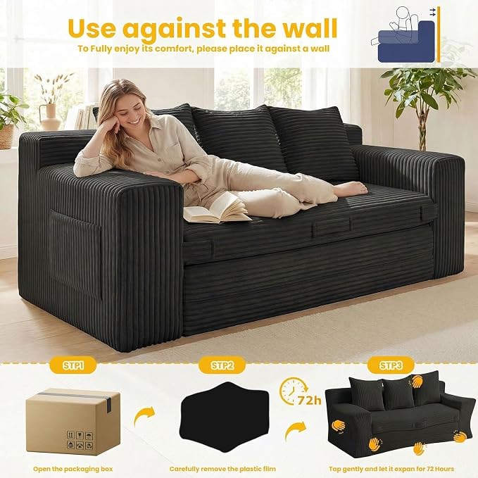 Boneless Couch,3 Seater Boneless Couch Bed – 3-in-1 Convertible Sleeper Sofa with Side Pockets & Handle,Pull Out Corduroy Futon for Small Space,Living Room & Bedroom,3 Pillows Included,No Assembly