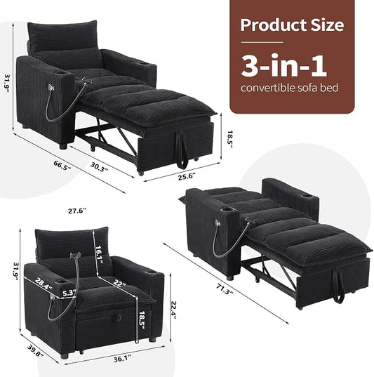 HAOMARKETS Corduroy Sleeper Sofa Bed with 2 Cup Holders, 3-in-1 Convertible Pullout Futon Couch with Phone Holder&USB Charge Port, Single Chair with 3-Level Adjustable Backrest for Living Room