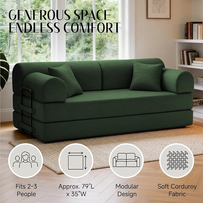 79'' Convertible Sofa Bed, 6 in 1 Folding Floor Futon Couch Sleeper with Fixed Frame, Corduroy Modular Sofa Bed with Removable Armrests & Pillows, No Assembly for Living Room Bedroom (Green)