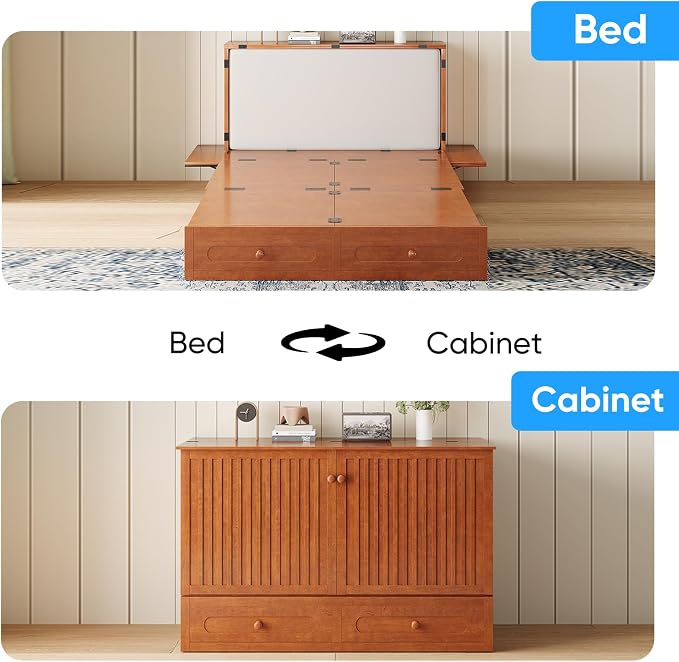PUREMIND Queen Murphy Bed, Solid Wood Folding Convertible Bed, Hideaway Cabinet Bed with Storage Drawer & USB Charging Station, Space Saving Wallbed for Small Spaces, No Mattress Included, Cherry