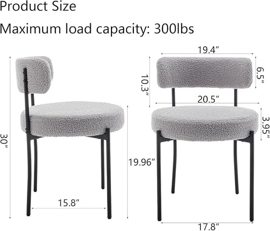 Cinxzar Boucle Dining Chairs Set of 4, Upholstered Dining Room Chairs with Black Metal Legs, Round Modern Dining Chair for Dining Room, Kitchen (Light Grey)