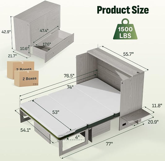Softa Full Murphy Bed Cabinet with 4" Tri-Fold Mattress, Storage Drawer & Charging Station, 1200 Lb Heavy Duty Wood Wall Bed with Fold-Down Desk for Guest Room & Home Office, No Box Spring Needed