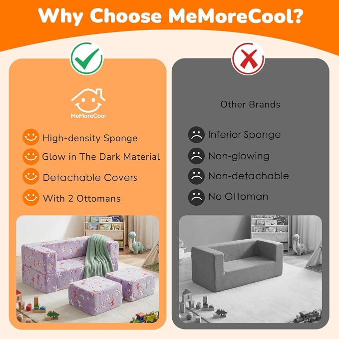 MeMoreCool Kids Modular Couch – Glow-in-the-Dark Butterfly Foam Sofa Bed, Lavender Convertible Toddler/Youth Playroom Sofa-to-Bed