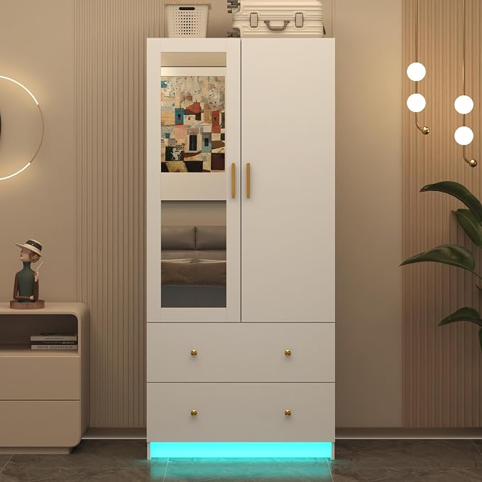 jiteentarou 2 Door Wardrobe Closet with Mirrors and LED Lights, Small Bedroom Armoire with Drawers, Modern Wooden Armoire Wardrobe Closet with Hanging Rod for Bedroom, White
