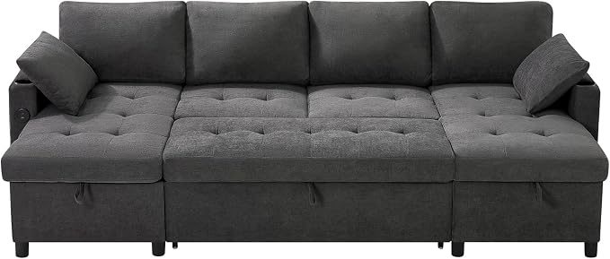 110" U-Shaped Pull Out Sofa Bed w/Adjustable Backrests, Grey | Sectional Sleeper Couch w/Convenient USB Ports & Storage Chaise, Upholstered Sofa Bed w/Cup Holders for Living Room, House
