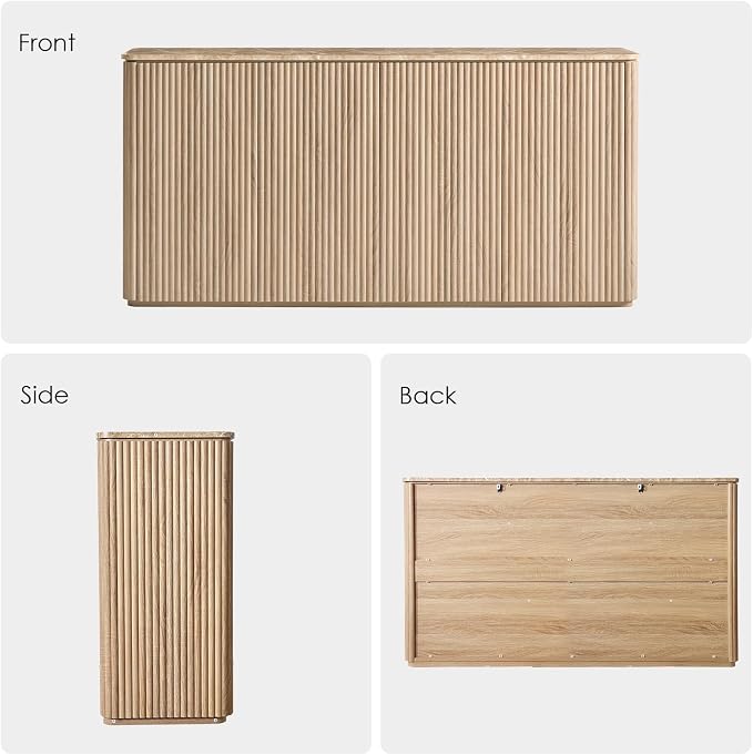 Fluted 4 Doors Sideboard Cabinet with Storage, 64" Credenza with Shelves, Faux Marble-Top Coffee Bar Console Table, Modern Buffet Cabinet for Dining, Kitchen, Living Room, Entryway, Natural Oak, 2pcs