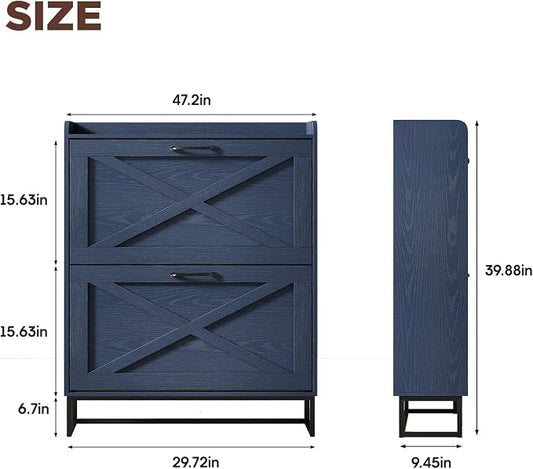 Maupvit Shoe Storage Cabinet with 2 Flip Drawers, Freestanding Shoe Organizer with Metal Legs for Entryway, Narrow Shoe Rack Cabinet, Blue