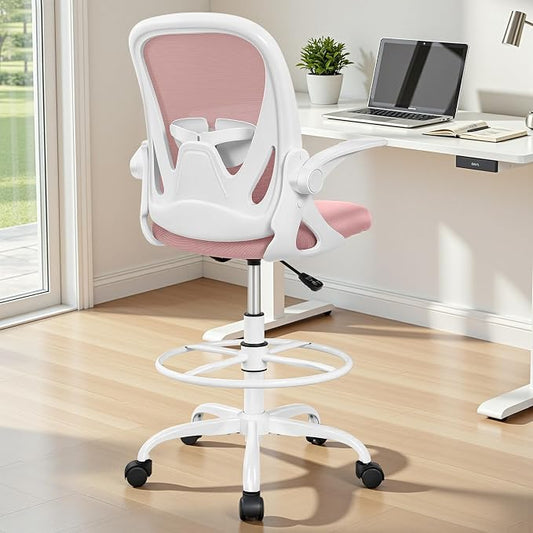 Primy Drafting Chair Tall Office Chair with Flip-up Armrests Executive Ergonomic Computer Standing Desk Chair with Lumbar Support and Adjustable Footrest Ring (Rose Quartz)
