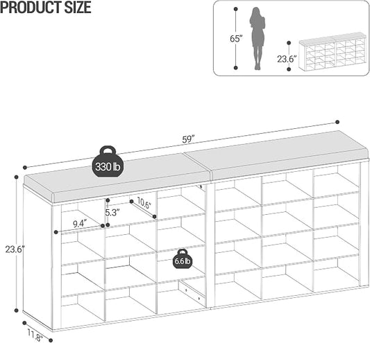 Hzuaneri Shoe Storage Bench with Cushion, Entryway Storage Bench with 24 Cubbies, 9.5" Widened Organizer Cabinet, Long Cubby Rack for Living Room, Bedroom, Entryway, White SB32403GY