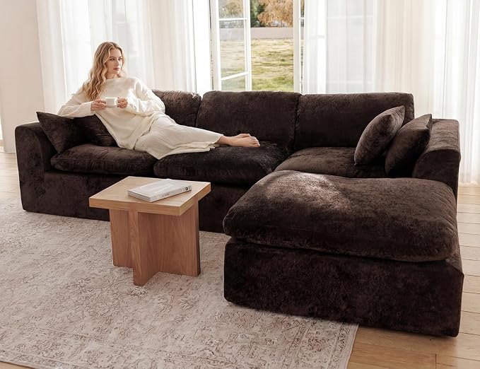115" Modular Sectional Sofa, Modern Cloud Sectional Couch with Deep Seat, L-Shape Boneless Couch for Living Room,No Assembly Required, Brown(3 Seater + 1 Ottoman)