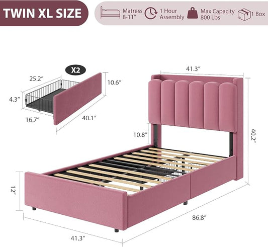 Garvee LED Twin XL Bed Frame with Storage Headboard, Kids Bed Frame with 2 Drawers, Boucle Upholstered Platform Bed for Girls, Chic Wavy Headboard with Bookcase, No Box Spring Needed, Dark Pink
