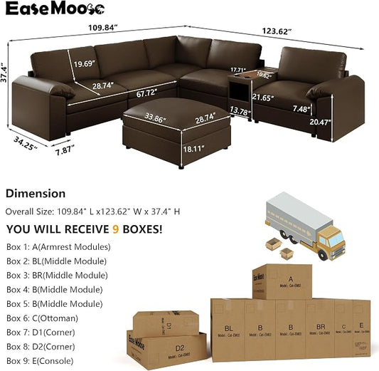 EASE MOOSE Oversized Corner Modular Sectional Sofa with Ottoman and Console,Faux Leather Sectional Sofa with Deep Seat,Scratch Resistant Faux Leather Material,Extra Large L Shaped Couch,Deep Brown