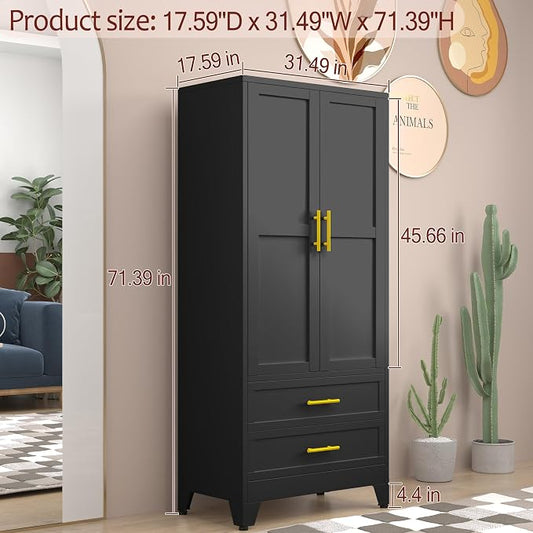 winiowa Metal Armoire Wardrobe Closet with 2 Drawers, 71" Wardrobe Cabinet with Adjustable Shelves and Hanging Rod, Clothing Storage Cabinet Closet for Bedroom-Black