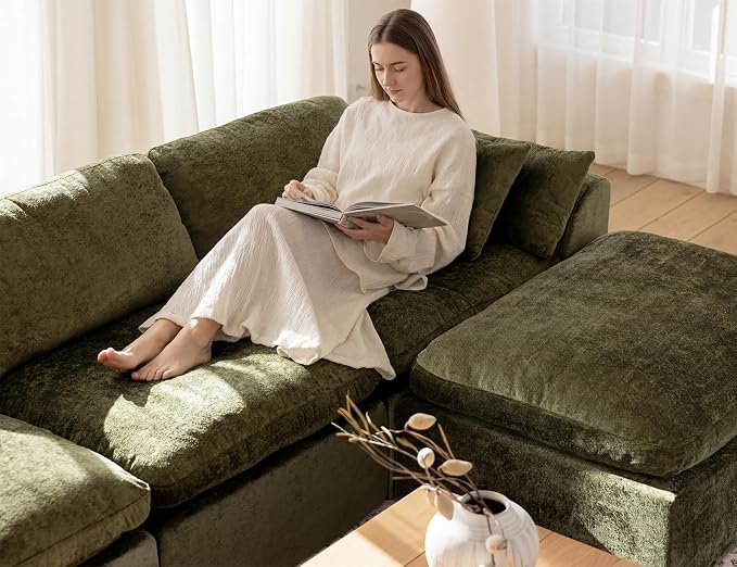 146" Modular Sectional Sofa – Modern Cloud Couch with Deep Chenille Seats, L-Shaped Boneless Sofa, Pet-Friendly, No Assembly, Olive Green (4 Seater + 1 Ottoman)