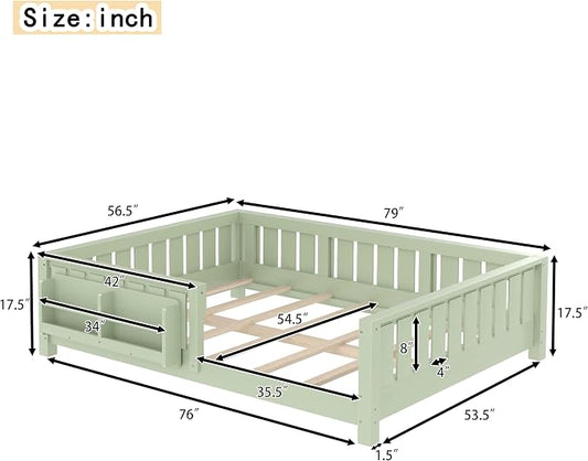Bellemave Full Size Floor Bed with high Rails and with Built-in Bookshelf for Kids, Girls, Boys, Wood Montessori Floor Bed Without Door, Avocado Green