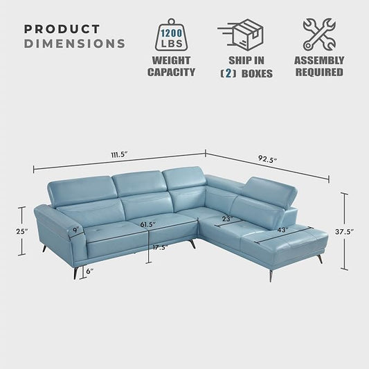 Lexicon L-Shaped Sectional Couch with Right Chaise, Top Grain Leather Match Sectional Sofa, Adjustable Headrests, Black Chrome Metal Legs, High-Density Cushions, Stitching, for Living Room, Blue