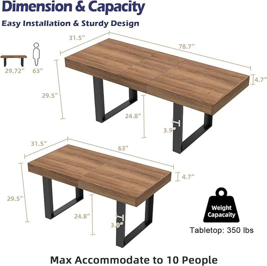 STHOUYN 63”-79” Extendable Dining Room Table, Modern Farmhouse Wooden Kitchen Table, Long Expandable Dining Table for 6 8 10, Large Expanding Tables Conference Tables (Walnut Brown)