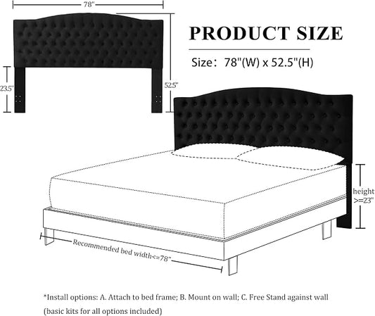 Furpopup Velvet Upholstered Headboard King/Cal King Size Latest Model Wall Mount, Bed Frame Mount, Featuring High-Density Sponge Padding, Luxury Texture Easy Assembly Comfort and Style-Black