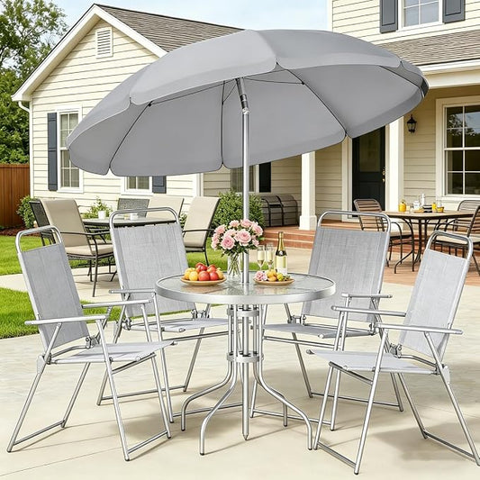 Shintenchi 6 Piece Outdoor Patio Furniture Set, Small Outdoor Patio Dining Table and Chairs Set, Outdoor Seating with Umbrella for Backyard, Balcony, Front Porch, Ice Silver