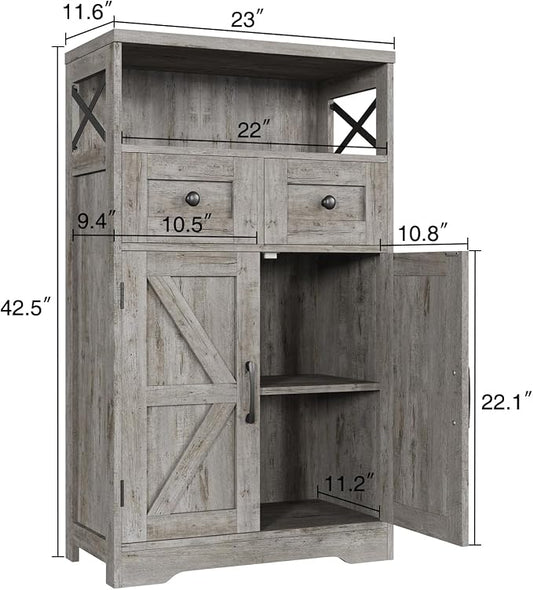 Befrases Farmhouse Storage Cabinet with Drawers and Adjustable Shelves, Freestanding Kitchen Pantry Storage Cabinet, Floor Storage Cupboard for Dining Living Room Home Office, Washed Grey