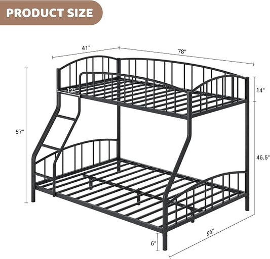 GarveeHome Metal Bunk Bed Twin Over Full, Heavy Duty Bunkbeds Frame with Arched Guardrail and Safety Ladder, Sturdy Steel Bed for Kids Boys Girls, Space-Saving, No Box Spring Needed, Black