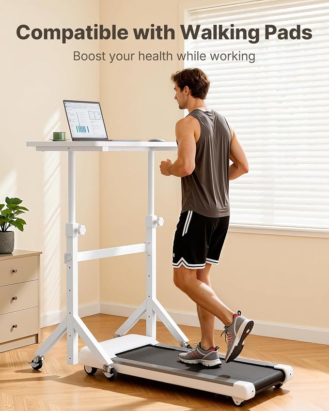Marsail Mobile Stand Up Desk with Wheels, Adjustable Height Desk from 28.3″ to 46.5″, Rolling Standing Desk with Lockable Wheels, Portable Small Desk for Walking Pad and Treadmill, White