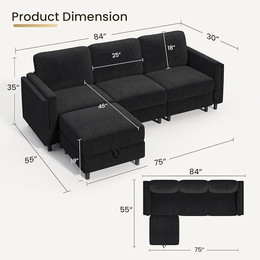 KKL Sleeper Sofa Couch - 4 Seater L Shape Modular Sectional Sofa Bed with Storage Ottoman, Convertible L/U-Shaped Sleeper Couch for Living Room, Modern Reversible Design