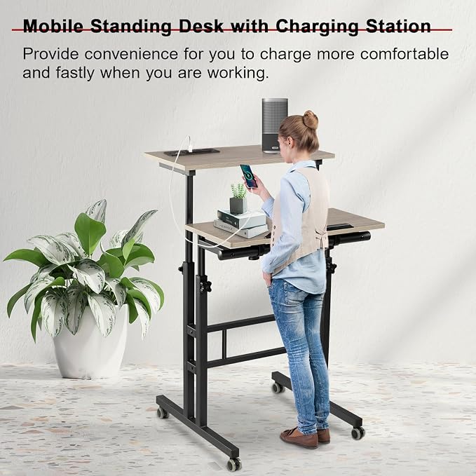 Hadulcet Mobile Standing Desk Adjustable Height with Charging Station | Standing Computer Desk, Standing Adjustable Laptop Cart with Wheels for Home Office Classroom Light Grey