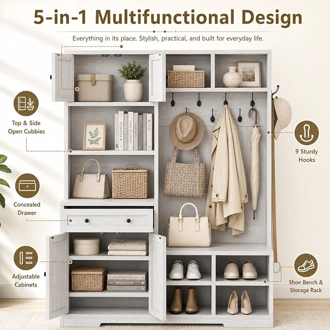 Einhomn 5-in-1 Hall Tree with Bench and Shoe Storage, 51" W Entryway Organizer Coat Rack with 9 Hooks, 2 Storage Cabinets, Drawer, Open Cubbies for Mudroom, Hallway, Living Room, Rustic White