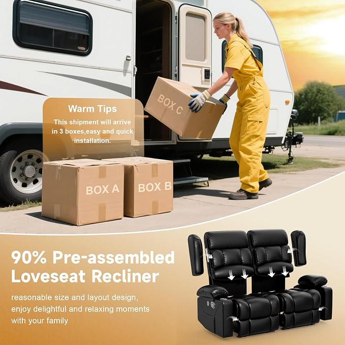 RV Loveseat Recliner Sofa, Wall Hugger Reclining Loveseat RV Couch with USB Ports, Large Pockets, Cup Holders, 150° Adjustable RV Recliners Furniture for Travel Trailers & Home Theater Seating