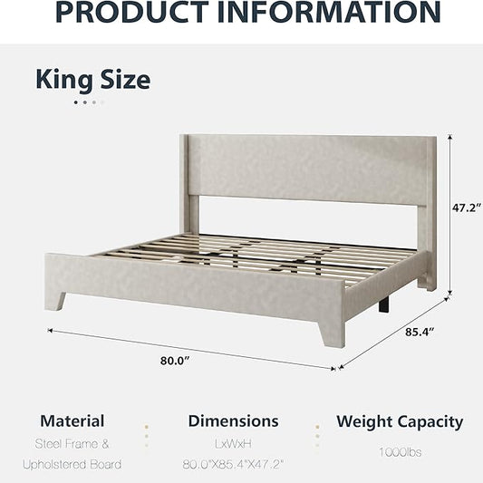 King Bed Frame with Faux Leather Upholstered Headboard, Wear-Resistant, Easy Clean, Mattress Foundation, No Box Spring Required, Easy Assembly, Beige