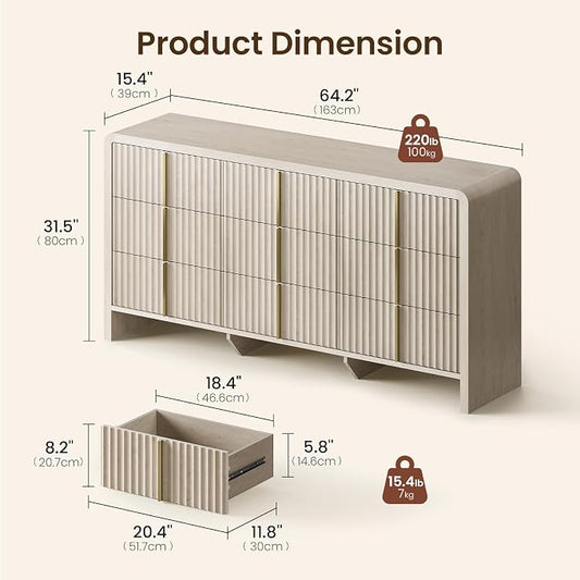 ModernMate Fluted 9 Drawer Dresser for Bedroom, 64.2" Wide White Chest of Drawers, Modern Wood Storage Cabinet with Metal Handles, Anti-Tip Clothes Organizer, White Alder