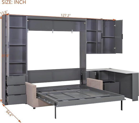 Merax Queen Size Wood Murphy Bed with Upholstered Sofa & Desk, Multifunctional Foldable Wall Platform Bed w/USB Charging Station for Guest-Room, Bedroom, Space Saving, Gray +Beige