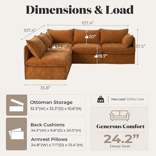 Cloud Modular Corner Sectional, Oversized Deep Seat Comfort, Luxe Chenille | Fully Removable Washable Covers, Memory Foam Seat Cushions, Premium Fabric